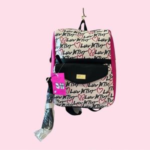 Betsey Johnson White Pink Black Script Heart Backpack